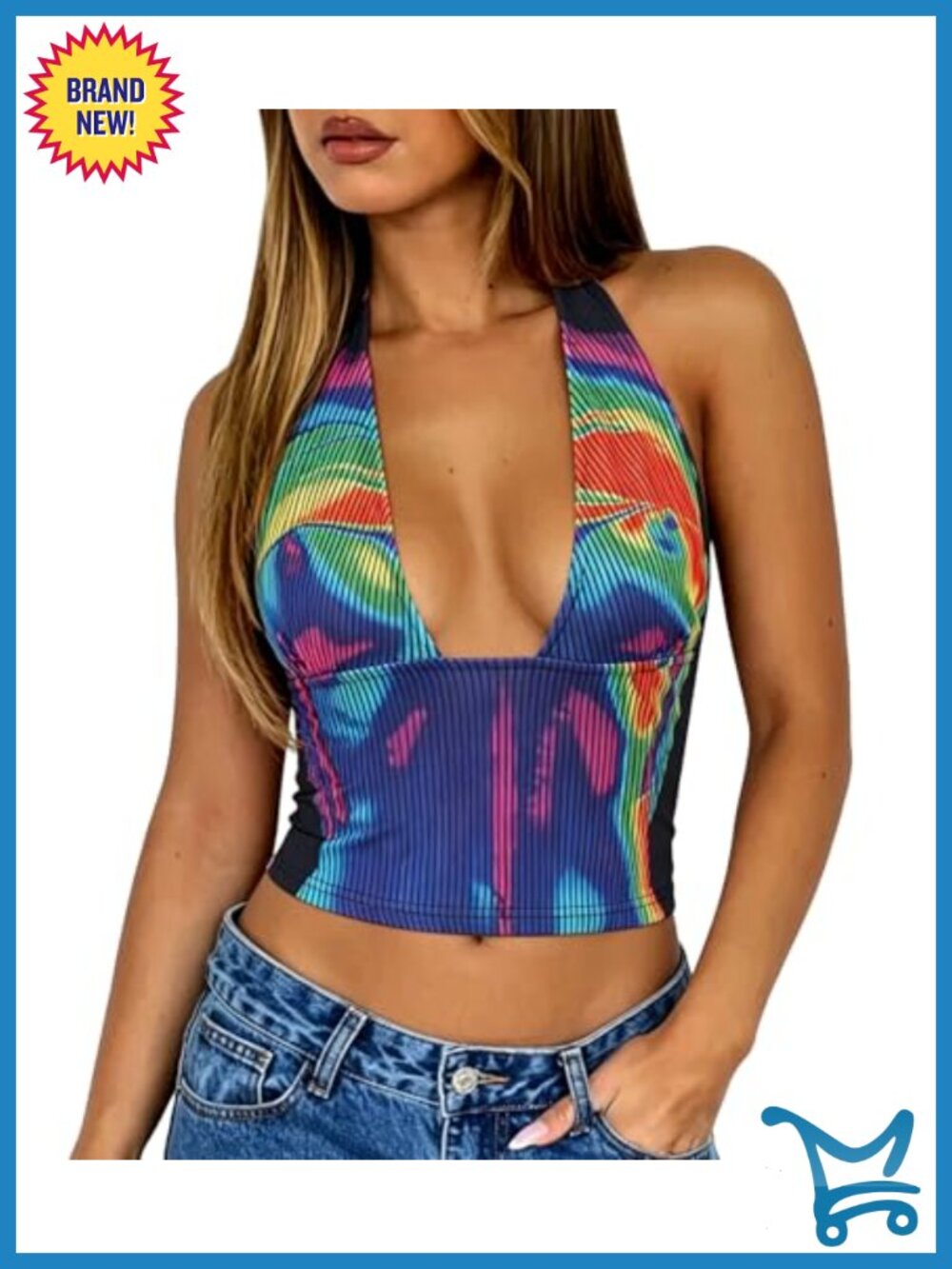 Y2K Rave Crop Top Sleeveless Halter Deep V Backless Cami Tank Festival
